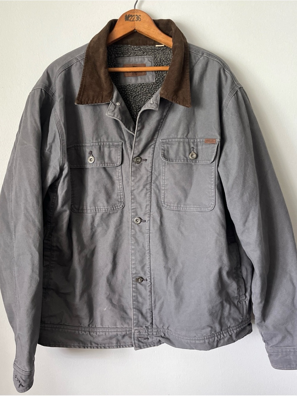 Woolrich Men's XL Gray Canvas Sherpa Lined Chore Jacket Brown Corduroy Collar